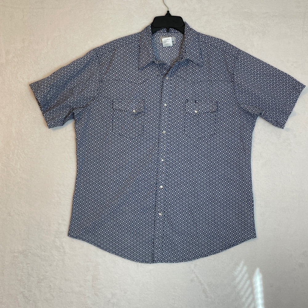 Wrangler Wrancher Shirts Mens XL Blue Geometric Print Short Sleeve Western Shirt